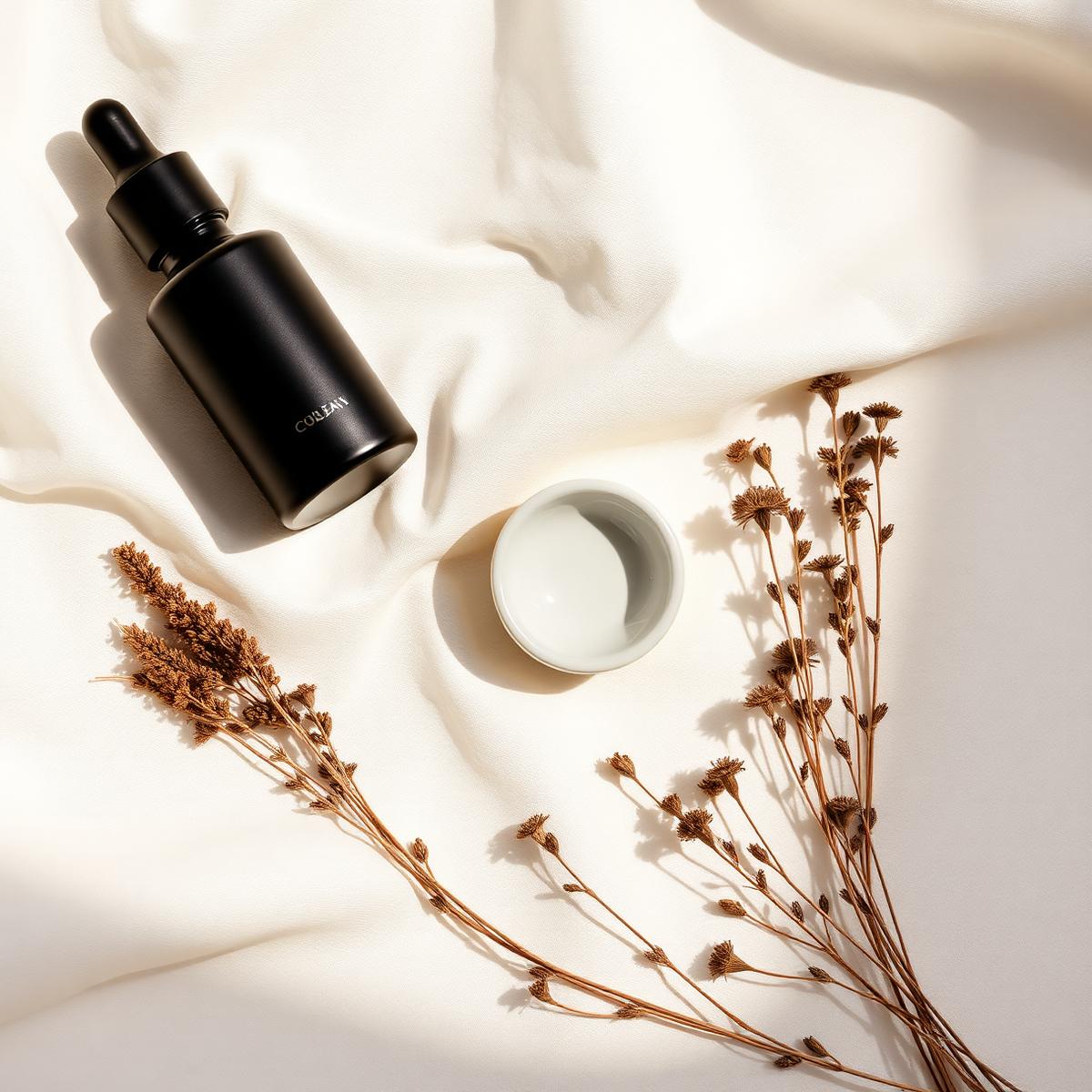 Flat lay of skincare products on cream linen with dried botanicals